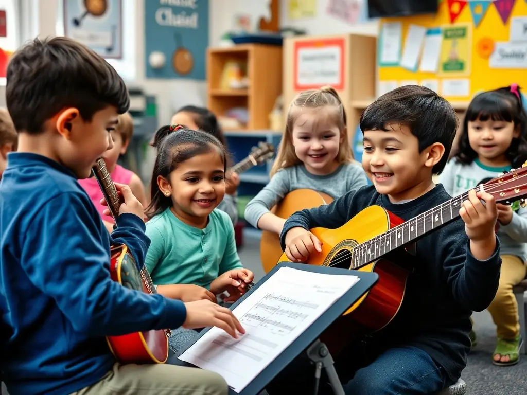 A photograph capturing children participating in a music workshop, highlighting the organization's efforts to educate and inspire young musicians.