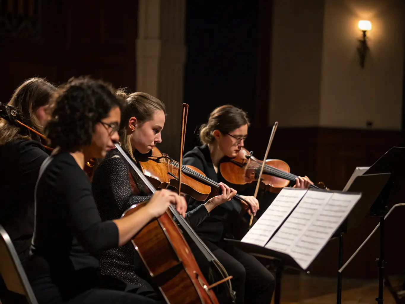 A dynamic image of a string quartet performing in a historic Limousin building, showcasing the elegance and cultural richness of the event.