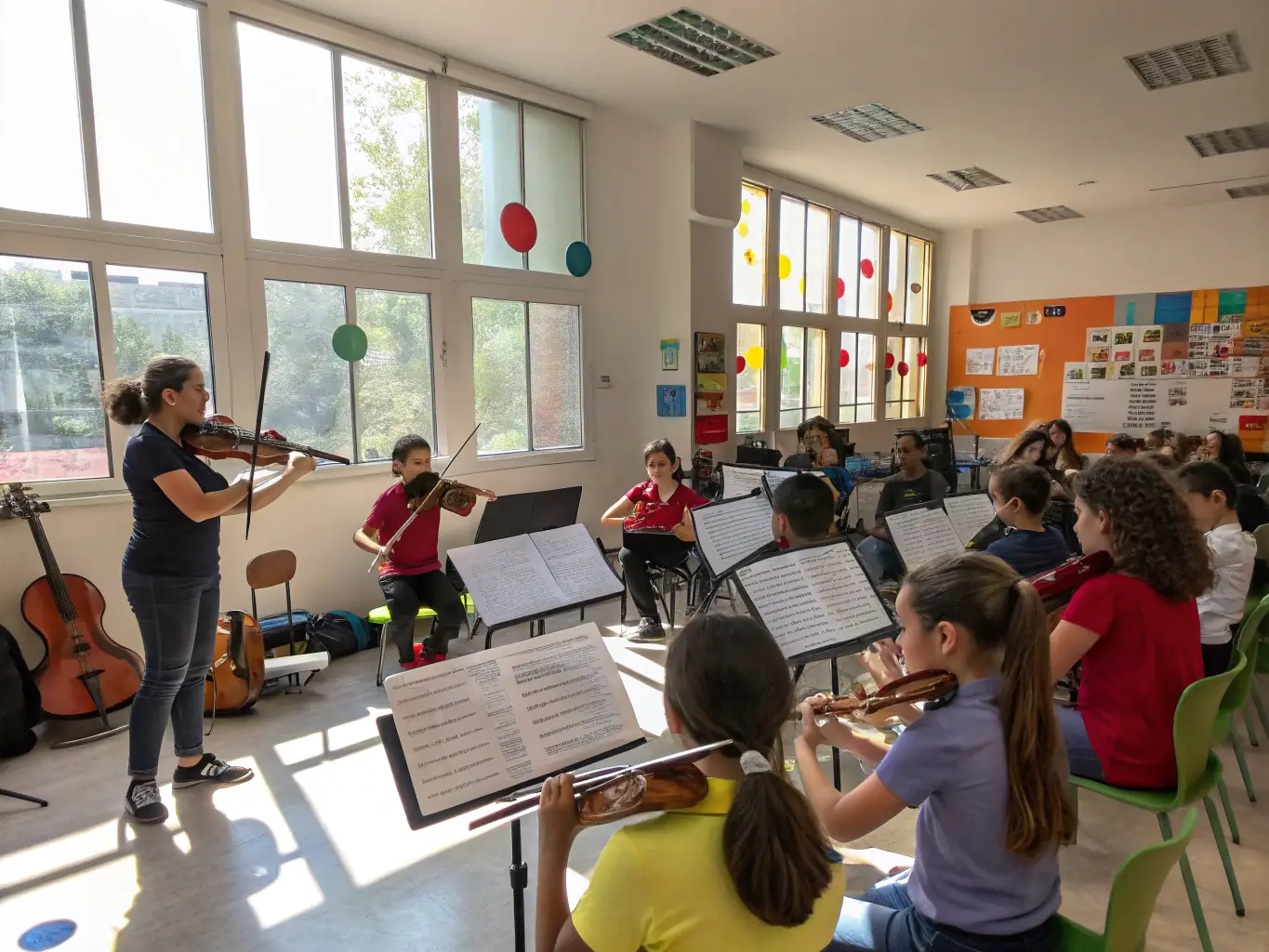 A photograph capturing a children's music workshop in a bright, cheerful setting, with instructors guiding young participants in playing various instruments.
