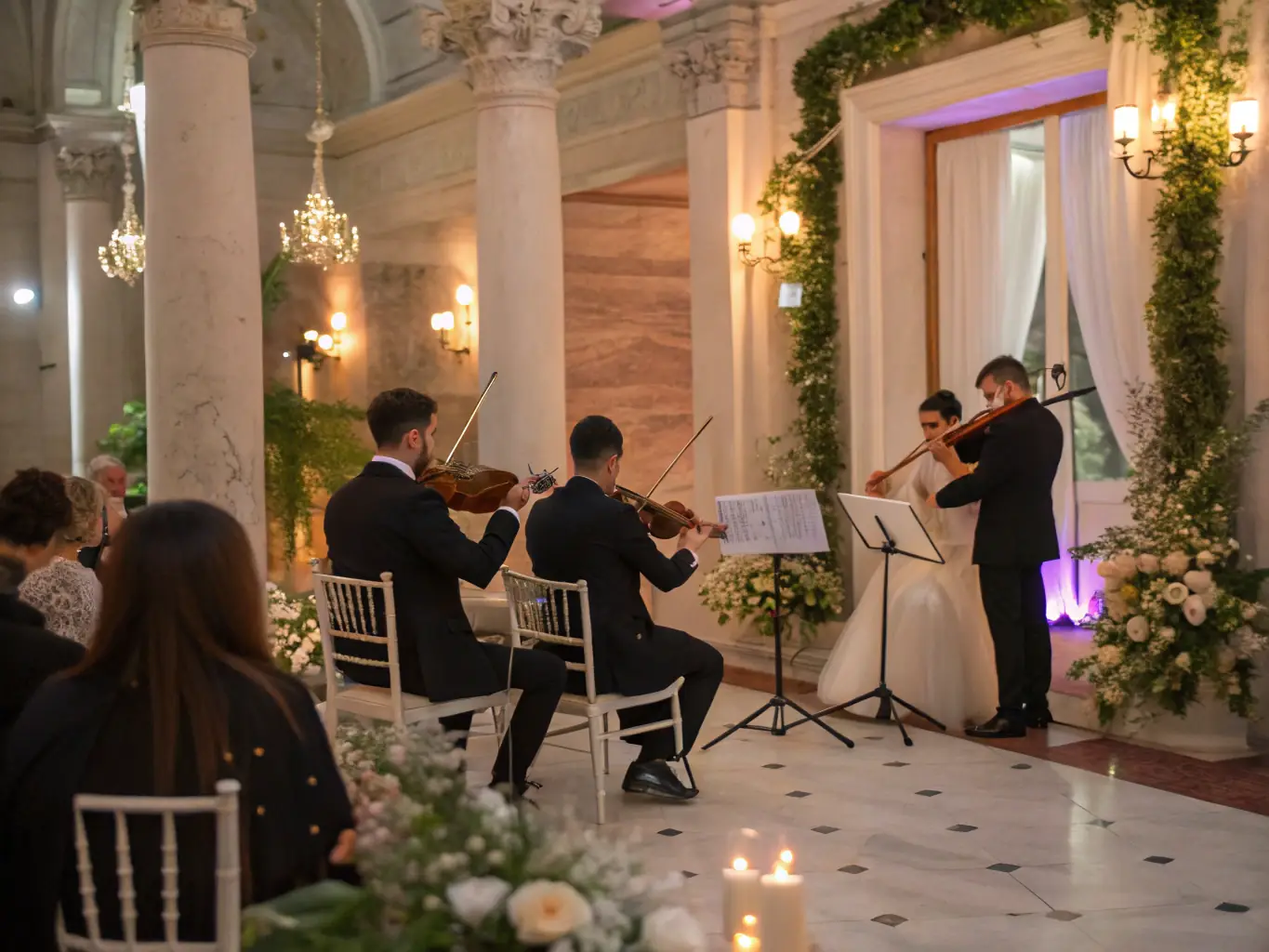 A vibrant image depicting a string quartet performing in a historic Limousin church, showcasing a classical music concert organized by AMELI ASS MUSIQUE EN LIMOUSIN.