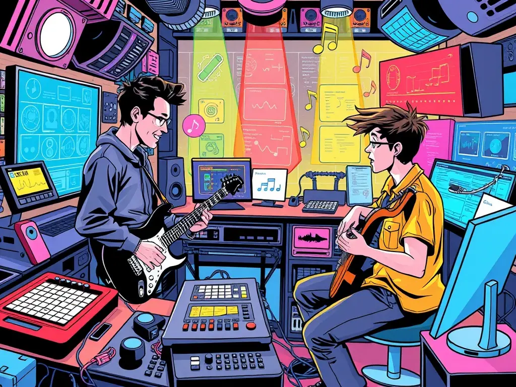 An image showing a collaborative art project involving musicians and visual artists, highlighting the fusion of different art forms promoted by AMELI ASS MUSIQUE EN LIMOUSIN.