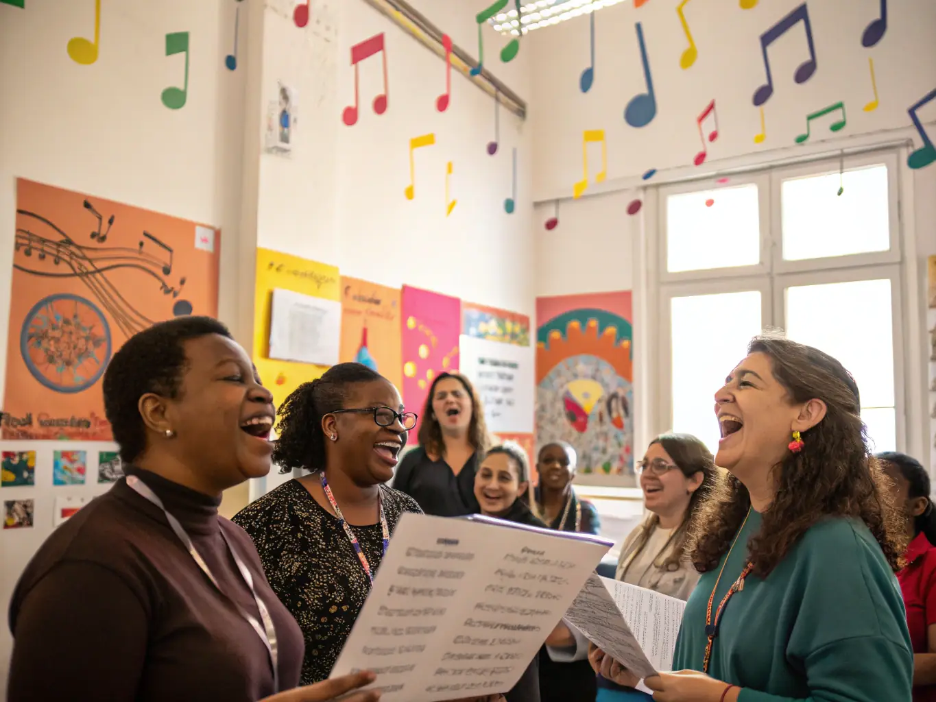 A lively scene from a community choir rehearsal, with diverse participants singing together, reflecting the inclusive nature of the program.
