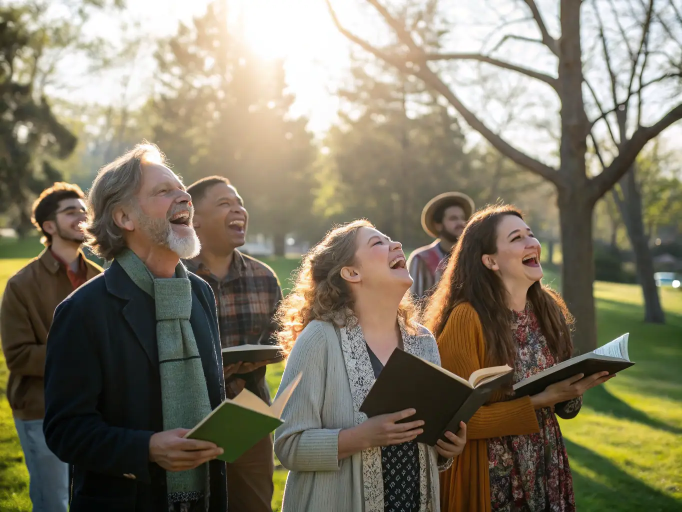 An image showing a community choir performing outdoors, emphasizing the organization's focus on community engagement and social cohesion through music.
