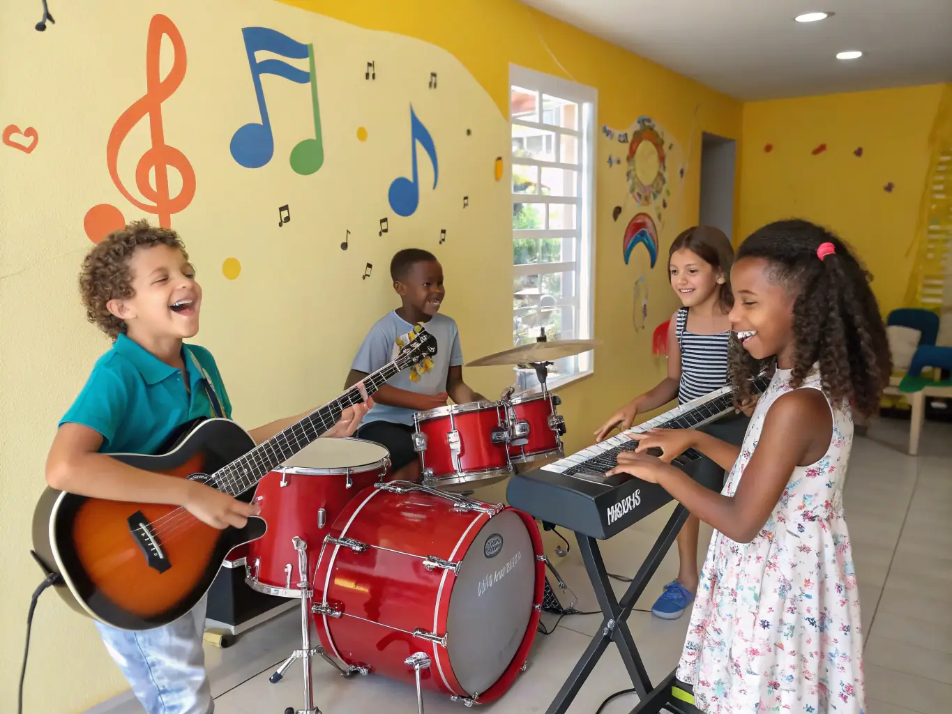 A photograph capturing children participating in a music workshop, learning to play instruments and exploring their musical creativity under the guidance of experienced instructors.
