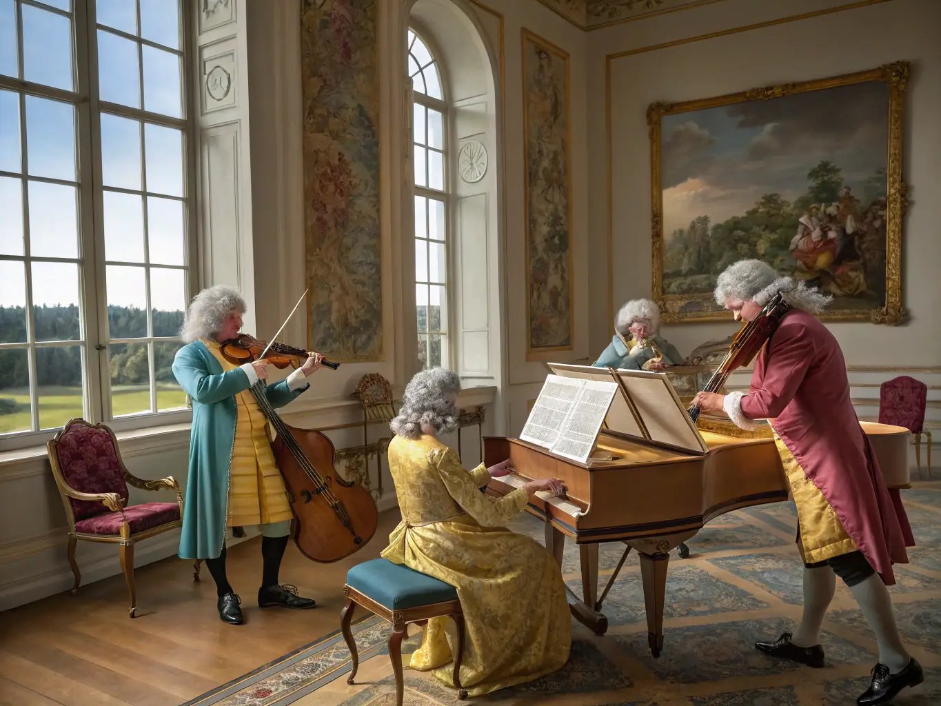 A vibrant image depicting a string quartet performing in a historic Limousin building, showcasing the organization's commitment to classical music and heritage preservation.